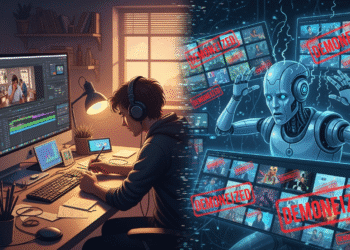 A stylized image showing a split-screen: on one side, a clean YouTube interface with a human content creator editing a video; on the other, an AI robot rapidly generating repetitive video thumbnails, overwhelmed by red "Demonetized" stamps.