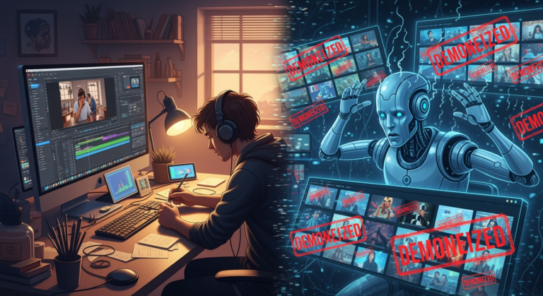 A stylized image showing a split-screen: on one side, a clean YouTube interface with a human content creator editing a video; on the other, an AI robot rapidly generating repetitive video thumbnails, overwhelmed by red "Demonetized" stamps.