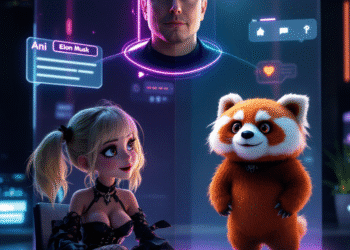 A split-screen digital scene: On the left, a gothic anime-style girl named "Ani" with blonde pigtails, a black corset, and fishnet stockings, animatedly chats with a user via a futuristic interface. On the right, a cartoon red panda named "Rudy" flashes exaggerated facial expressions, seemingly reacting to the conversation. Hovering above them in a translucent, sci-fi hologram is Elon Musk, observing like a digital overseer, surrounded by floating lines of code and circuit-like patterns. The background is a sleek fusion of high-tech design and anime flair, symbolizing the collision of artificial intelligence, entertainment, and digital intimacy.