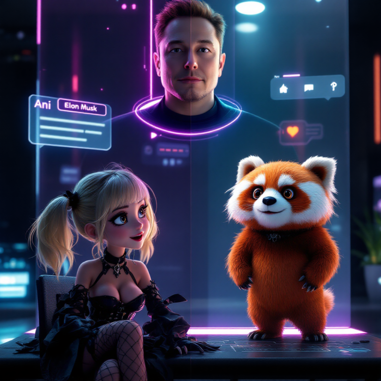 A split-screen digital scene: On the left, a gothic anime-style girl named "Ani" with blonde pigtails, a black corset, and fishnet stockings, animatedly chats with a user via a futuristic interface. On the right, a cartoon red panda named "Rudy" flashes exaggerated facial expressions, seemingly reacting to the conversation. Hovering above them in a translucent, sci-fi hologram is Elon Musk, observing like a digital overseer, surrounded by floating lines of code and circuit-like patterns. The background is a sleek fusion of high-tech design and anime flair, symbolizing the collision of artificial intelligence, entertainment, and digital intimacy.