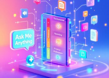 A vibrant digital workspace glowing with soft blue light, showcasing a virtual notebook with tabs labeled "The Economist," "The Atlantic," "Parenting," "Finance," and "Shakespeare." In the foreground, an AI assistant icon hovers beside a glowing “Ask Me Anything” bubble. Flowing data streams connect to mind maps, audio icons, and document files, symbolizing interactive, expert-curated knowledge.