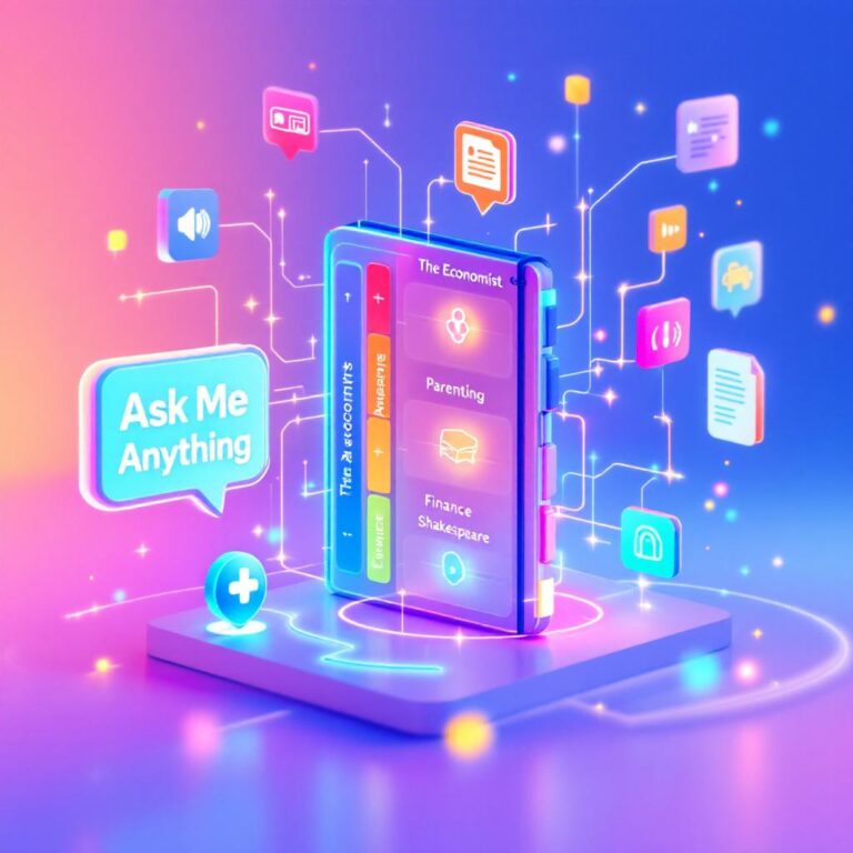 A vibrant digital workspace glowing with soft blue light, showcasing a virtual notebook with tabs labeled "The Economist," "The Atlantic," "Parenting," "Finance," and "Shakespeare." In the foreground, an AI assistant icon hovers beside a glowing “Ask Me Anything” bubble. Flowing data streams connect to mind maps, audio icons, and document files, symbolizing interactive, expert-curated knowledge.