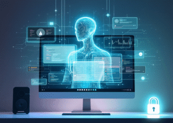 A futuristic desktop environment with an AI hologram (symbolizing Copilot) hovering above a computer monitor. The screen displays multiple applications and browser tabs, with glowing outlines to indicate AI interaction. A subtle lock icon hovers near the bottom corner, representing privacy control.