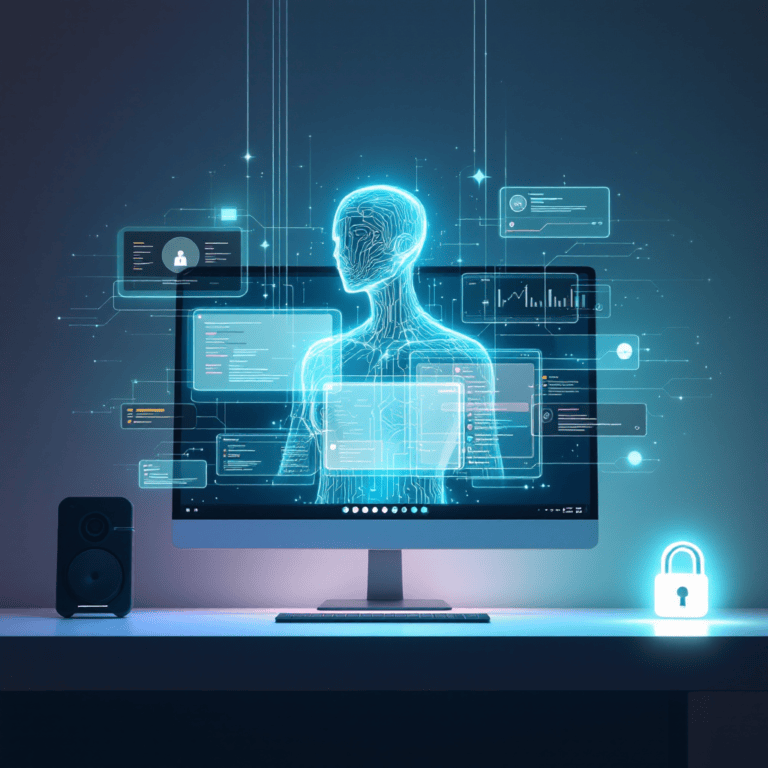 A futuristic desktop environment with an AI hologram (symbolizing Copilot) hovering above a computer monitor. The screen displays multiple applications and browser tabs, with glowing outlines to indicate AI interaction. A subtle lock icon hovers near the bottom corner, representing privacy control.