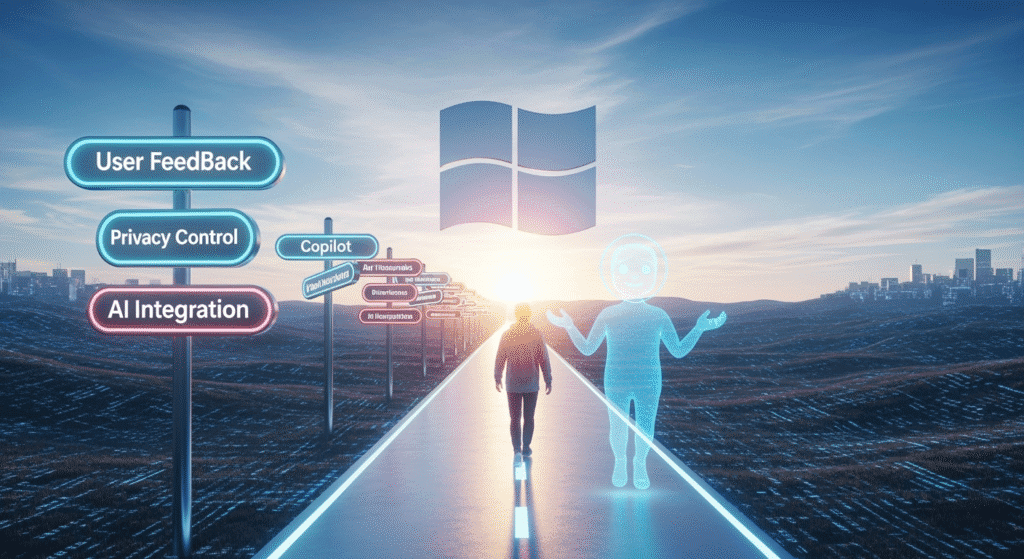 A metaphorical road leading into a digital horizon, with the Windows logo glowing in the sky like a rising sun. Along the road are signposts labeled “User Feedback,” “Privacy Control,” and “AI Integration.” A holographic Copilot assistant hovers beside a user walking confidently toward the future, symbolizing the evolving partnership between humans and AI in the Windows ecosystem.