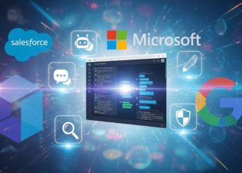 A sleek digital collage showing the Slack interface surrounded by glowing AI icons like chatbots, writing tools, magnifying glass (search), and data protection shields. In the background, stylized graphics of Salesforce, Microsoft, and Google logos subtly compete for prominence. Overlapping layers of conversation bubbles and code snippets reinforce the AI-in-conversations theme.