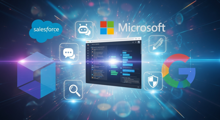 A sleek digital collage showing the Slack interface surrounded by glowing AI icons like chatbots, writing tools, magnifying glass (search), and data protection shields. In the background, stylized graphics of Salesforce, Microsoft, and Google logos subtly compete for prominence. Overlapping layers of conversation bubbles and code snippets reinforce the AI-in-conversations theme.
