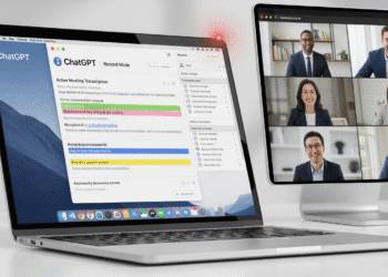 A sleek Apple MacBook displaying the ChatGPT desktop app in Record Mode. The interface shows an active meeting transcription in progress, with key points and action items being highlighted automatically. In the background, a video conference is ongoing, featuring business professionals engaged in a remote meeting. Subtle UI elements indicate recording status, with a clean and minimalistic design typical of macOS.