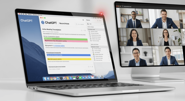 A sleek Apple MacBook displaying the ChatGPT desktop app in Record Mode. The interface shows an active meeting transcription in progress, with key points and action items being highlighted automatically. In the background, a video conference is ongoing, featuring business professionals engaged in a remote meeting. Subtle UI elements indicate recording status, with a clean and minimalistic design typical of macOS.