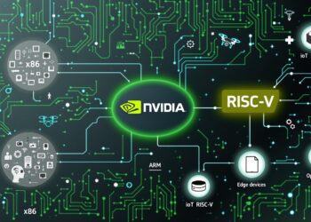An illustration showing NVIDIA’s logo branching into three processor pathways labeled "x86", "ARM", and "RISC-V", with the RISC-V path highlighted and surrounded by icons representing AI, edge devices, and open-source development. Background features circuit boards and neural network patterns symbolizing AI integration.