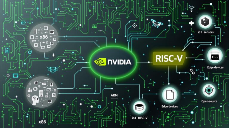 An illustration showing NVIDIA’s logo branching into three processor pathways labeled "x86", "ARM", and "RISC-V", with the RISC-V path highlighted and surrounded by icons representing AI, edge devices, and open-source development. Background features circuit boards and neural network patterns symbolizing AI integration.