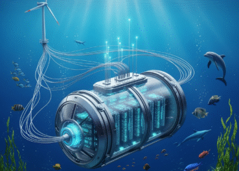 A high-tech underwater data center pod submerged in deep blue ocean water, surrounded by marine life and connected to an offshore wind turbine. Futuristic server lights glow from within the capsule, symbolizing innovation, sustainability, and AI-powered infrastructure beneath the waves.
