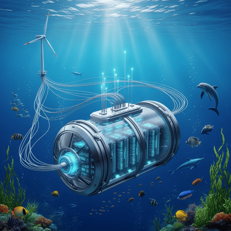 A high-tech underwater data center pod submerged in deep blue ocean water, surrounded by marine life and connected to an offshore wind turbine. Futuristic server lights glow from within the capsule, symbolizing innovation, sustainability, and AI-powered infrastructure beneath the waves.