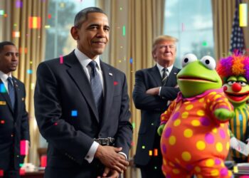 A digitally altered scene shows a surreal image of Barack Obama being led away in handcuffs by FBI agents inside the Oval Office. Donald Trump stands in the background smirking while the Village People's "YMCA" plays. The video has a chaotic, almost meme-like quality with cartoonish elements such as a clown-dressed Pepe the Frog. The screen flickers between AI-generated realism and glitchy satire, reflecting the absurd yet politically charged nature of the content.