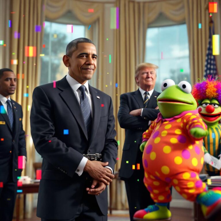 A digitally altered scene shows a surreal image of Barack Obama being led away in handcuffs by FBI agents inside the Oval Office. Donald Trump stands in the background smirking while the Village People's "YMCA" plays. The video has a chaotic, almost meme-like quality with cartoonish elements such as a clown-dressed Pepe the Frog. The screen flickers between AI-generated realism and glitchy satire, reflecting the absurd yet politically charged nature of the content.