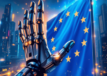 A symbolic image showing a robotic hand (representing AI) being blocked by a large EU flag barrier, while Meta’s logo turns away. In the background, other logos like OpenAI and Microsoft move forward through the gate. The mood is tense but futuristic, highlighting division and progress simultaneously.