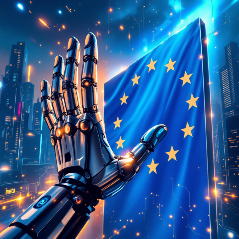 A symbolic image showing a robotic hand (representing AI) being blocked by a large EU flag barrier, while Meta’s logo turns away. In the background, other logos like OpenAI and Microsoft move forward through the gate. The mood is tense but futuristic, highlighting division and progress simultaneously.