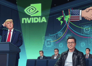 A digitally illustrated scene featuring Donald Trump at a podium, scratching his head with a confused look, while a holographic NVIDIA logo floats behind him. In the audience, Jensen Huang smiles calmly in his trademark leather jacket, framed by AI chip diagrams, trade route maps, and a stylized U.S.-China handshake in the background