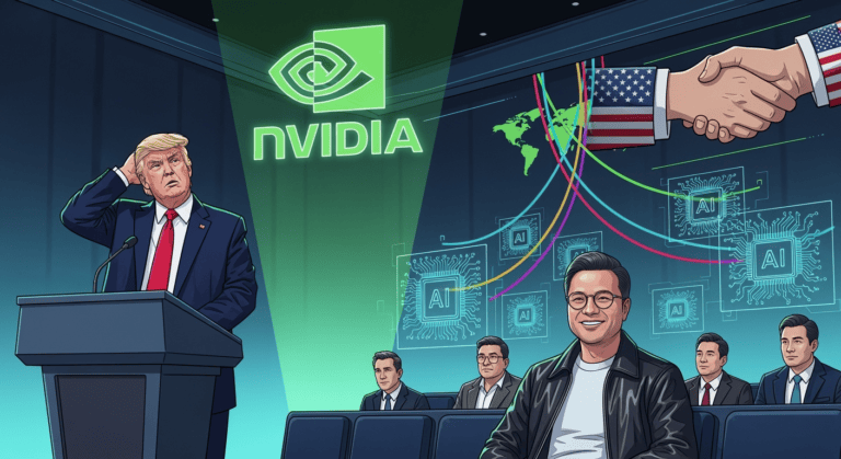 A digitally illustrated scene featuring Donald Trump at a podium, scratching his head with a confused look, while a holographic NVIDIA logo floats behind him. In the audience, Jensen Huang smiles calmly in his trademark leather jacket, framed by AI chip diagrams, trade route maps, and a stylized U.S.-China handshake in the background