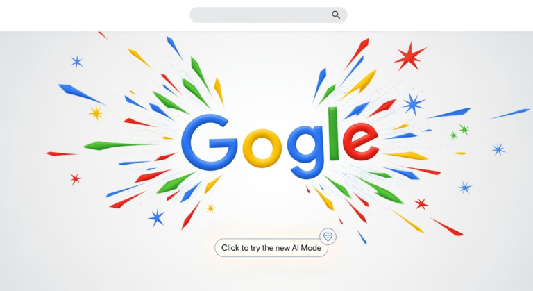 A vibrant, animated Google Doodle on the search homepage features Google’s letters bouncing together to form the iconic “G” logo, creating colorful sparkles. A subtle prompt invites users to click and explore the new AI Mode, symbolizing the fusion of playful visuals and groundbreaking AI technology reshaping how we search online.