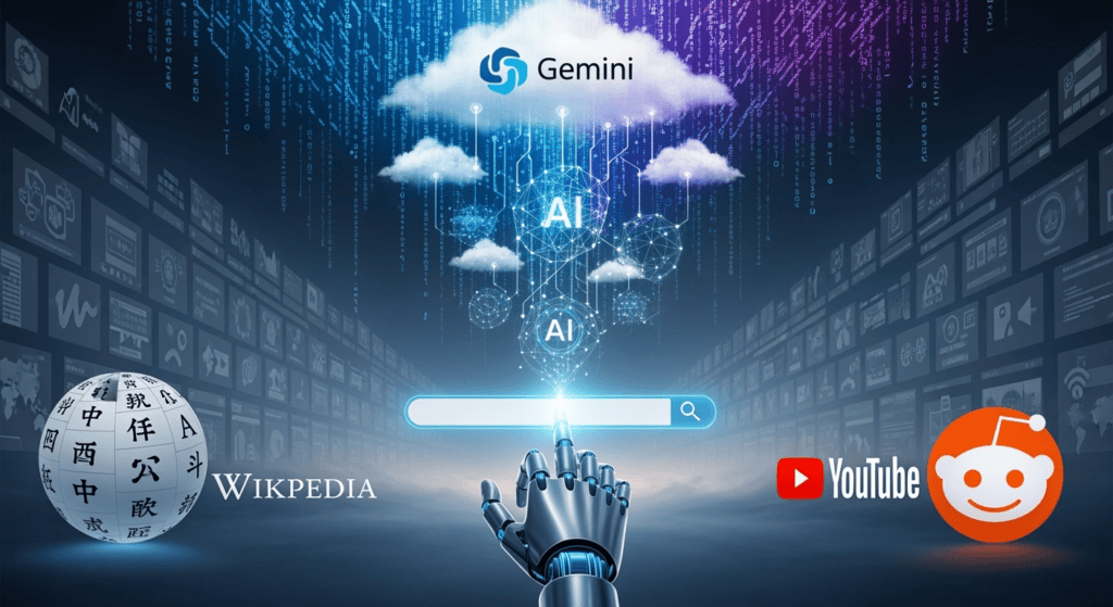 A conceptual illustration showing a robotic hand typing on a glowing search bar, while traditional websites fade into the background. Smaller sites appear blurry or shrinking, while logos of major platforms like Wikipedia, YouTube, and Reddit loom larger in the foreground. The sky behind is made of code, clouds shaped like the Gemini logo and AI neural networks swirling into the search bar.