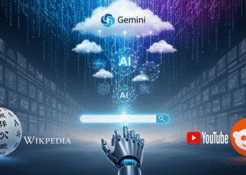 A conceptual illustration showing a robotic hand typing on a glowing search bar, while traditional websites fade into the background. Smaller sites appear blurry or shrinking, while logos of major platforms like Wikipedia, YouTube, and Reddit loom larger in the foreground. The sky behind is made of code, clouds shaped like the Gemini logo and AI neural networks swirling into the search bar.