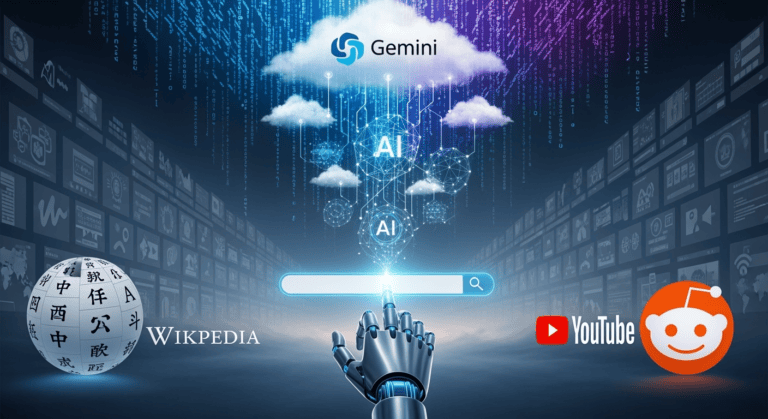 A conceptual illustration showing a robotic hand typing on a glowing search bar, while traditional websites fade into the background. Smaller sites appear blurry or shrinking, while logos of major platforms like Wikipedia, YouTube, and Reddit loom larger in the foreground. The sky behind is made of code, clouds shaped like the Gemini logo and AI neural networks swirling into the search bar.