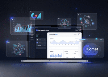 A sleek digital illustration of a laptop screen displaying the Perplexity Max dashboard, surrounded by floating holographic icons of charts, AI models, and a web browser labeled “Comet.” The backdrop is a dark gradient suggesting a high-tech, futuristic workspace, with subtle highlights evoking premium and exclusive AI services.