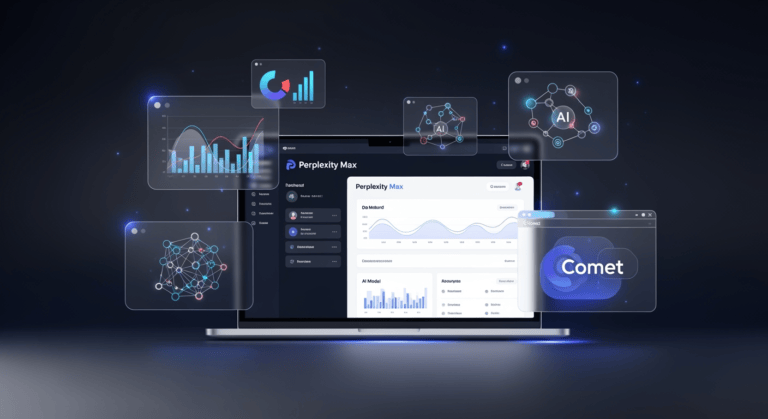 A sleek digital illustration of a laptop screen displaying the Perplexity Max dashboard, surrounded by floating holographic icons of charts, AI models, and a web browser labeled “Comet.” The backdrop is a dark gradient suggesting a high-tech, futuristic workspace, with subtle highlights evoking premium and exclusive AI services.