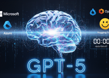 A sleek digital rendering of a futuristic AI brain glowing with neural activity, surrounded by data streams and code. In the background, icons for Microsoft, OpenAI, and cloud platforms like Azure and Hugging Face float around. A countdown clock hints at an August launch, and the letters "GPT-5" pulse in neon blue, symbolizing the dawn of a new AI era.