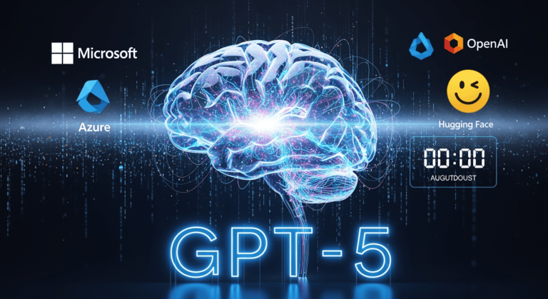 A sleek digital rendering of a futuristic AI brain glowing with neural activity, surrounded by data streams and code. In the background, icons for Microsoft, OpenAI, and cloud platforms like Azure and Hugging Face float around. A countdown clock hints at an August launch, and the letters "GPT-5" pulse in neon blue, symbolizing the dawn of a new AI era.