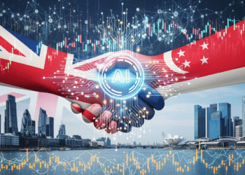An illustration of two flags—United Kingdom and Singapore—intertwined in a handshake over a backdrop of financial charts and digital networks. The center of the image shows glowing AI circuit patterns symbolizing collaboration, with skyscrapers representing London and Singapore’s financial districts on either side.