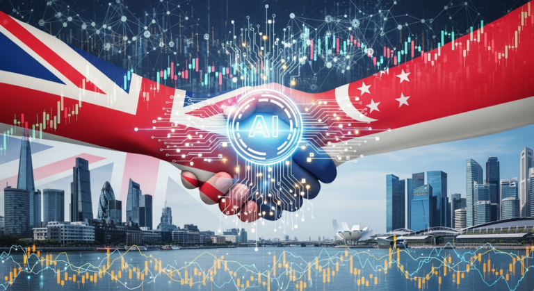 An illustration of two flags—United Kingdom and Singapore—intertwined in a handshake over a backdrop of financial charts and digital networks. The center of the image shows glowing AI circuit patterns symbolizing collaboration, with skyscrapers representing London and Singapore’s financial districts on either side.
