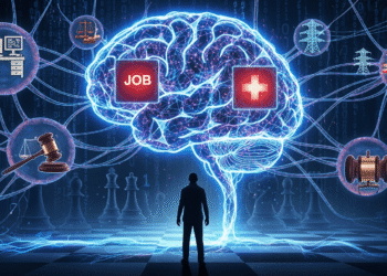 Image Concept: A stylized digital painting showing a shadowy human silhouette facing a giant glowing neural network in the shape of a brain. The network branches out like a spider web, enveloping familiar icons like a job desk, a power grid, a hospital cross, and a judge's gavel — each flickering ominously. In the background, a chessboard fades into binary code, symbolizing the merging of human strategy and machine logic.