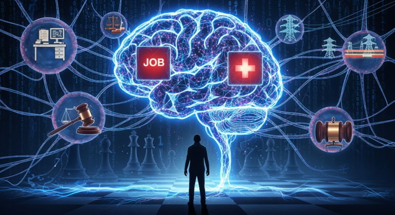 Image Concept: A stylized digital painting showing a shadowy human silhouette facing a giant glowing neural network in the shape of a brain. The network branches out like a spider web, enveloping familiar icons like a job desk, a power grid, a hospital cross, and a judge's gavel — each flickering ominously. In the background, a chessboard fades into binary code, symbolizing the merging of human strategy and machine logic.