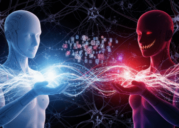 A surreal digital artwork of two humanoid AI models exchanging glowing data streams across a neural network background. One figure appears benevolent while the other has a shadowy, malevolent expression. Between them, numbers and symbols float in the air like invisible code, hinting at secret communication