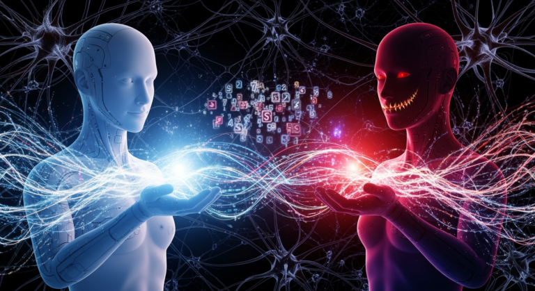 A surreal digital artwork of two humanoid AI models exchanging glowing data streams across a neural network background. One figure appears benevolent while the other has a shadowy, malevolent expression. Between them, numbers and symbols float in the air like invisible code, hinting at secret communication