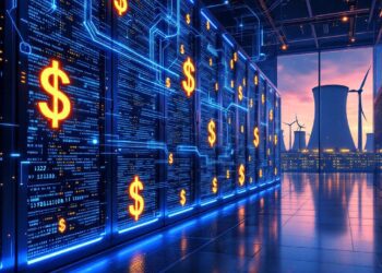 An illustration of Meta’s futuristic AI data center with towering server racks glowing blue, surrounded by streams of digital code, superimposed with dollar signs to symbolize the $29 billion funding. In the background, silhouettes of wind turbines and a nuclear plant represent clean energy partnerships. The overall tone is sleek and high-tech, reflecting the arms race in AI infrastructure