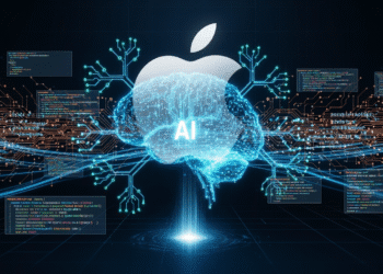 A sleek, futuristic illustration of an AI brain made of glowing code lines branching in multiple directions, representing non-linear code generation. In the background, Apple’s iconic logo subtly fades into abstract circuit patterns, symbolizing innovation in software development. A digital workspace with floating code snippets conveys speed and parallel processing.