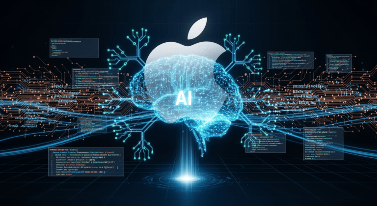 A sleek, futuristic illustration of an AI brain made of glowing code lines branching in multiple directions, representing non-linear code generation. In the background, Apple’s iconic logo subtly fades into abstract circuit patterns, symbolizing innovation in software development. A digital workspace with floating code snippets conveys speed and parallel processing.