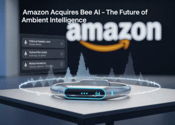 A sleek, futuristic wearable device resembling a minimalist bracelet sits on a modern table. The background shows a blurred Amazon logo and a digital display of transcribed voice notes. A faint waveform glows around the wristband, symbolizing its always-listening AI capability. A headline-style overlay reads: "Amazon Acquires Bee AI – The Future of Ambient Intelligence."