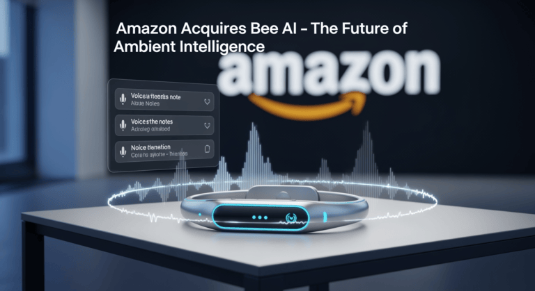 A sleek, futuristic wearable device resembling a minimalist bracelet sits on a modern table. The background shows a blurred Amazon logo and a digital display of transcribed voice notes. A faint waveform glows around the wristband, symbolizing its always-listening AI capability. A headline-style overlay reads: "Amazon Acquires Bee AI – The Future of Ambient Intelligence."