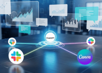 A sleek digital workspace with ChatGPT at the center, connected by glowing lines to Slack and Canva icons. Background shows graphs, design mockups, and chat bubbles symbolizing collaborative workflows. The scene conveys seamless integration of AI into modern work environments with a futuristic, professional aesthetic.