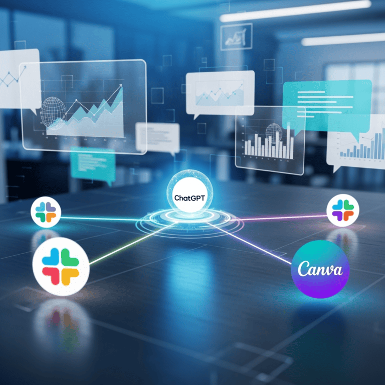 A sleek digital workspace with ChatGPT at the center, connected by glowing lines to Slack and Canva icons. Background shows graphs, design mockups, and chat bubbles symbolizing collaborative workflows. The scene conveys seamless integration of AI into modern work environments with a futuristic, professional aesthetic.