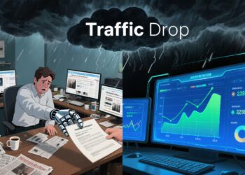A split-screen illustration: On one side, a robot hand (representing AI) is offering a contract to a stressed-out human publisher sitting at a cluttered desk with newspapers and screens showing declining traffic. On the other side, a bright AI-generated dashboard glows with analytics, monetization, and audience metrics. A storm cloud looms in the background labeled "Traffic Drop."