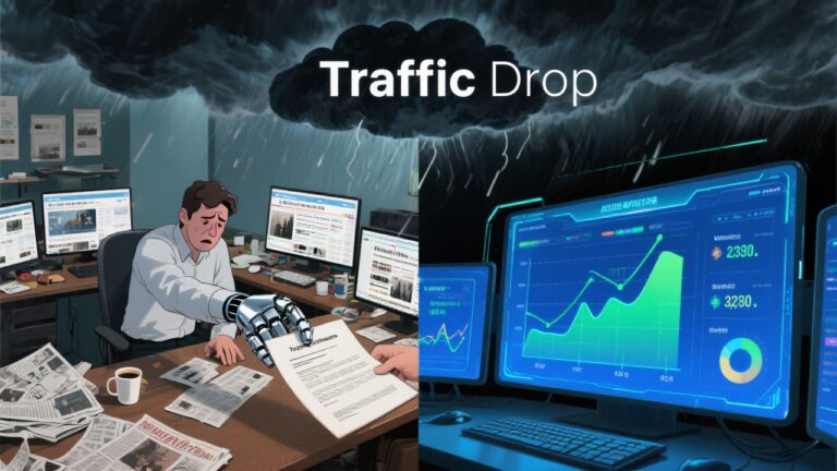 A split-screen illustration: On one side, a robot hand (representing AI) is offering a contract to a stressed-out human publisher sitting at a cluttered desk with newspapers and screens showing declining traffic. On the other side, a bright AI-generated dashboard glows with analytics, monetization, and audience metrics. A storm cloud looms in the background labeled "Traffic Drop."