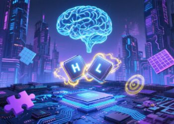 A futuristic concept art featuring a glowing neural network branching like a brain, hovering above microchips and circuit boards. Two interlocked modules labeled 'H' (high-level planner) and 'L' (low-level executor) pulse with data as puzzle pieces (e.g., Sudoku, maze patterns) swirl around them. Background shows abstract skyscrapers made of code and GPUs, symbolizing the leap from brute-force LLMs to elegant, brain-inspired reasoning.