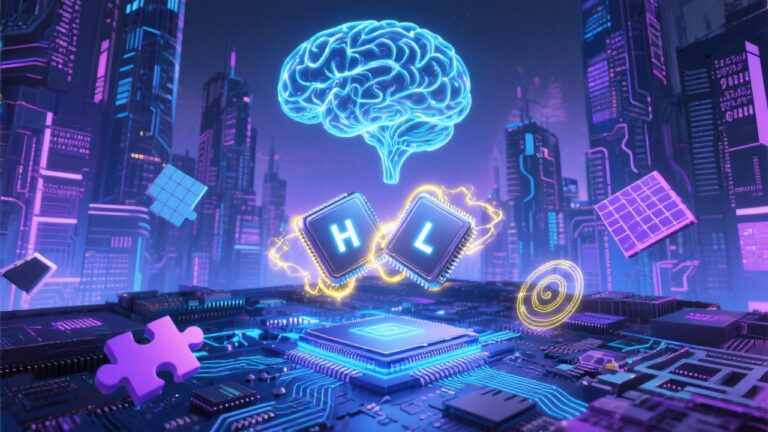A futuristic concept art featuring a glowing neural network branching like a brain, hovering above microchips and circuit boards. Two interlocked modules labeled 'H' (high-level planner) and 'L' (low-level executor) pulse with data as puzzle pieces (e.g., Sudoku, maze patterns) swirl around them. Background shows abstract skyscrapers made of code and GPUs, symbolizing the leap from brute-force LLMs to elegant, brain-inspired reasoning.