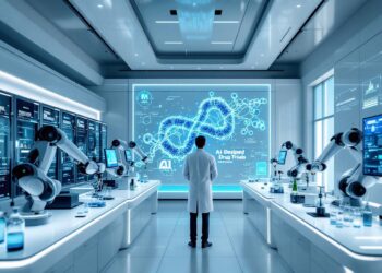 A futuristic lab with a scientist collaborating with a glowing AI hologram that displays complex 3D protein structures and molecular models. In the background, sleek servers hum softly while robotic arms handle vials marked "AI-Designed Drug Trials." The setting exudes cutting-edge technology and medical innovation, symbolizing the fusion of artificial intelligence and pharmaceutical research.