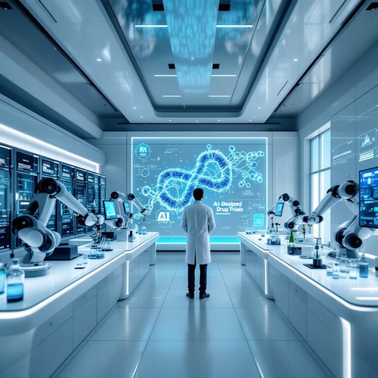A futuristic lab with a scientist collaborating with a glowing AI hologram that displays complex 3D protein structures and molecular models. In the background, sleek servers hum softly while robotic arms handle vials marked "AI-Designed Drug Trials." The setting exudes cutting-edge technology and medical innovation, symbolizing the fusion of artificial intelligence and pharmaceutical research.